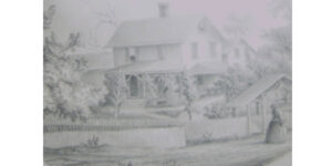 A black and white photo of a house in the fog.