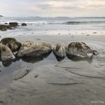 A group of rocks in the water on the beach.