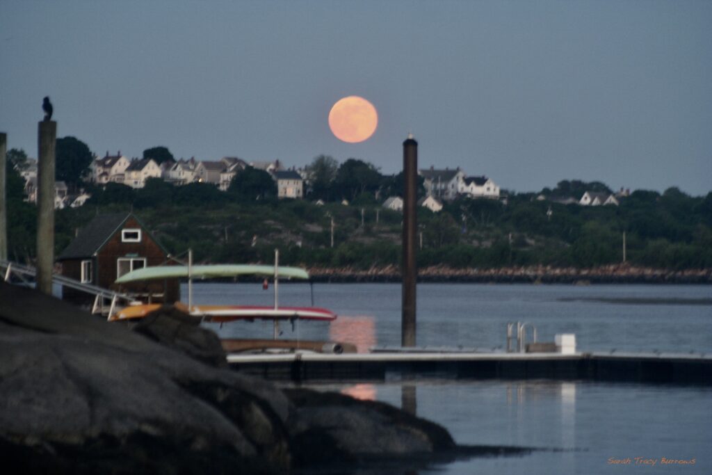 A full moon rising over the water and some boats.