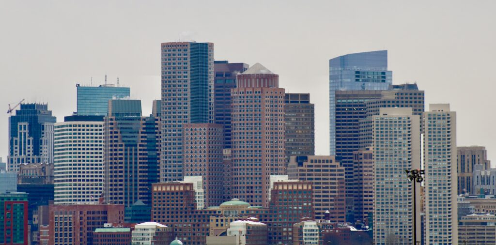 A city skyline with many skyscrapers in the background.